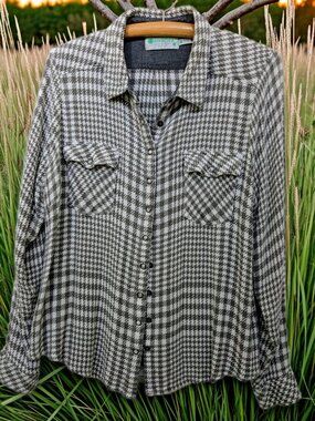 AVENTURA Marisol LS Boyfriend Shirt XL Grey White Houndstooth LENZING Viscose